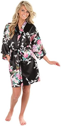 Anntourage Women's Kimono Robe, Peacock Design-Black-Small/Medium, Short- CLOSEOUT