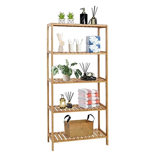 Elepude Bamboo Shelf,Bamboo Shelf, Stand Utility Storage Shelf Multifunctional Bathroom Kitchen Living Room Holder Plant Flower Stand (5-Tier)