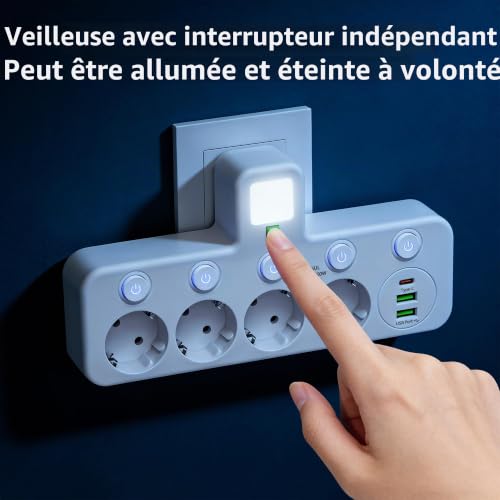 Power Strip with Individual Switch, 4 Sockets with USB and Night Light, 4 Mains Outlets + 1 Type-C + 2 USB Suitable for Home, Office, Phone, Portable