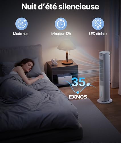 EXNOS Silent Air Cooler - Alternative Air Conditioner Mobile Without Evacuation, 75° Oscillation, 12H Timer, Remote Control, White