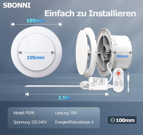SBONNI 3 Levels Bathroom Fan with Humidity Sensor Temperature Sensor Timer, Bathroom Fan 100 mm with Remote Control, Real Time Display Humidity and Temperature, Powerful Quiet Extractor Fan P109