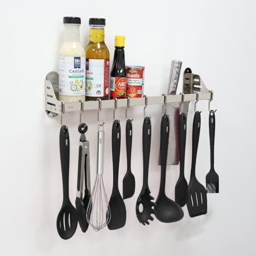 Lumai Suporte De Parede Cozinha com 10 Ganchos Móveis e Prateleira de Aço Inox 304 Para Pendurar Organizar Utensilios De Cozinha, Temperos, Facas e Panelas
