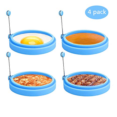 Silicone Egg Rings, 4 Inch Food Grade Egg Cooking Rings, Non Stick Fried Egg Ring Mold, Pancake Breakfast Sandwiches, Egg Mcmuffin Ring(Blue,4Pack)