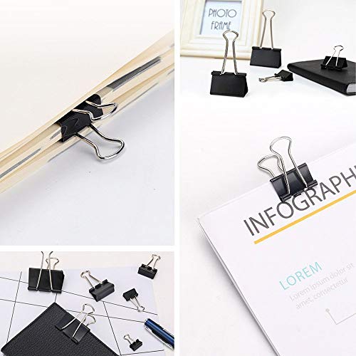 XYark 140 PCS Binder Clips Paper Clamp - [50 Bonus Paper Clips], X Large, Large, Medium, Small, X Small and Micro, 6 Assorted Sizes, Black, Design for Office, School and Home Supplies