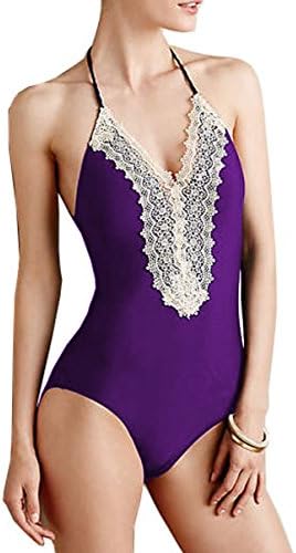 Mitang Women's One Piece Floral Lace Halter Monokini (M(US6-8), Purple)