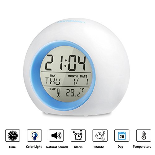 [Kids Gifts] HAMSWAN 7 Colors Changing Alarm Clock Nature Sounds One Tap Control Sleep-Friendly with Indoor Te