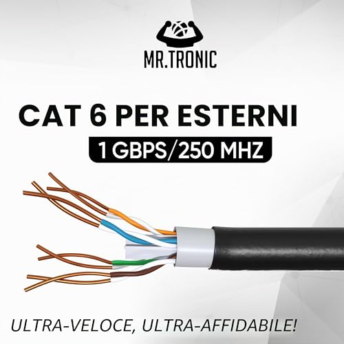 Mr. Tronic 50m Cat 6 Ethernet External Waterproof Cable Cat 6 High Speed LAN Network Cable for Fast Internet 1Gbps - AWG24 Bulk Without RJ45 Connectors, UTP CCA (50 Meters, Black)