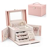 Vlando City Beauty Medium Jewelry Box, Faux Leather Jewelry Organizer, Vintage Gift for Women -Pink-Cross Pattern