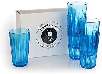 Buddy´s Bar - Set of 6, 0.4 litre Tritan plastic drinking glasses, BPA free, crystal glass look, shatterproof reusable glasses, reusable and dishwasher safe, 400 ml, blue