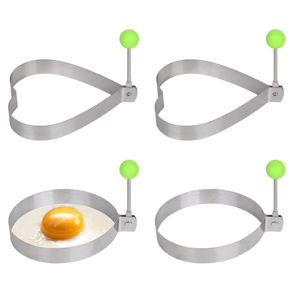 4 Pcs Stainless Steel Egg Rings with Anti-Heat Handle Round and Heart-Shaped Egg Cooking Rings Non Stick Fried Egg Moulds for Frying, Pancakes, Mcmuffin