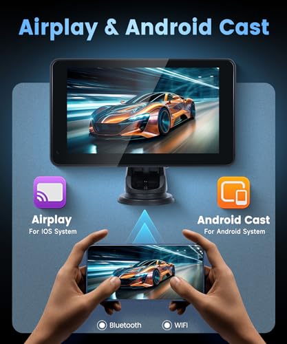 Wireless Carplay Screen Portable Car Stereo Android Auto Screen, Rimoody 7 Inch Touch Screen Portable Car play Bluetooth FM Transmitter Mirror Link Voice control AUX Cable
