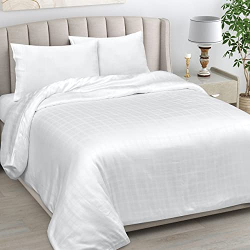 LINENWALAS 100% Organic Bamboo Bed Sheets for King Size Bed, Deep Pocket Sheets, Checkered Design Silk Sheets 4pc Bed Sheet Set – 1 Fitted & Flat Sheet with 2 Pillowcases (White, King)