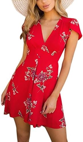 heyinshangmao Women's Sexy V-Neck Short Sleeves Flare Asymmetric Floral Print Party Summer Short Mini Dress