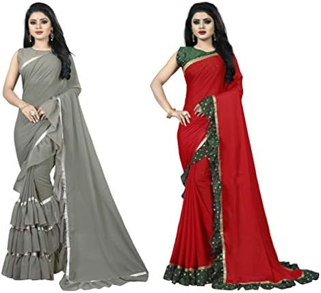 Vaishnavi Women's Georgette Golden Lace Solid Combo Ruffle Saree With Blouse(Pack Of 2)