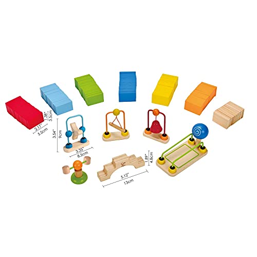 Hape Dynamo Wooden Domino Set Award Winning Domino Racing Building Block Set for Kids, 107 Solid Pieces of Fun Filled Racing, Building and Stacking