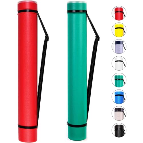 2-Pack Extendable Poster Tubes Expand from 24.5” to 40” with Shoulder Strap | Carry Documents, Blueprints, Drawings and Art | Red and Green Portable Durable Round Storage Cases with Lids and Labels