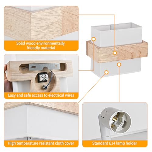 Gleonlux Vintage Interior Wall Light, Industrial Wood Wall Light E14, Retro Wall Lamp Fabric Lampshade, Sconces for Bedroom, Hallway, Living Room, Stairs, Bulb Not Included, Square