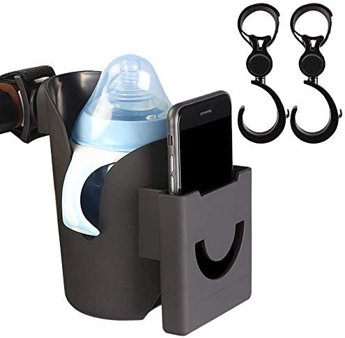 Odowalker ベビーカー ボトルホルダー 2in1 携帯電話収納 ドリンクホルダー 哺乳瓶 ホルダー フック ドリンク カップホルダー 取付簡単 360度回転 角度調整可能 ベビーカーフック2個付き