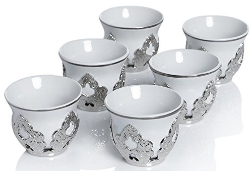 Set of 6 Arabic Turkish Greek Coffee Mirra Porcelain Cups with Holders Kava Gava (Silver)