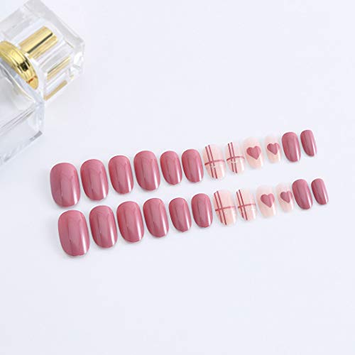 Tgirls 24Pcs Pink Glossy False Nails Heart Full Cover Medium Oval Fake Nails Nude Wedding Party Nail for Women and Girls - Thumbnail 2