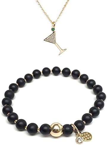Set 6mm Black Matt Onyx Lily 7" S. Bracelet 15mm Martini Glass CZ Charm 16" gold Neck