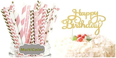 TPARTYCOM 25pcs Decorative Paper Straws with Gold Happy Birthday Cake Topper