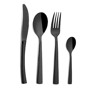 Comas Juego Cubiertos Negros 24 Piezas Conjunto Cuchara, Tenedor, Cuchillo de Mesa y Cuchara Café de Acero Inoxidable de Color Negro. Mango con Relieve. Set Conjunto 24 Piezas