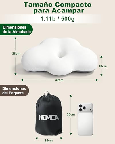 HOMCA Memory Foam Camping Pillow Travel Pillow | Ultralight and Compressible, Ergonomic Cushion for Backpacking with Breathable Cover, Hiking, Car and Office, 40 x 20 x 10 cm