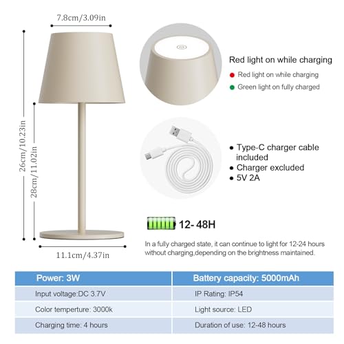 lundwa Dimmable LED Battery Table Lamp Beige 26 cm, 5000 mAh (5 V 2 A) Camping Lamp Battery Rechargeable, 3 W 3000 K Table Lamp Wireless, IP54 Outdoor Table Lamp for Restaurant, Bedroom, Garden, Office (Pack of 2)