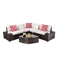 Do4U 6 Pieces Outdoor Patio Furniture Sectional Conversation Set, All-Weather Wicker Rattan Sofa Beige Seat & Back Cushions (3506-MIX-6 Pieces)