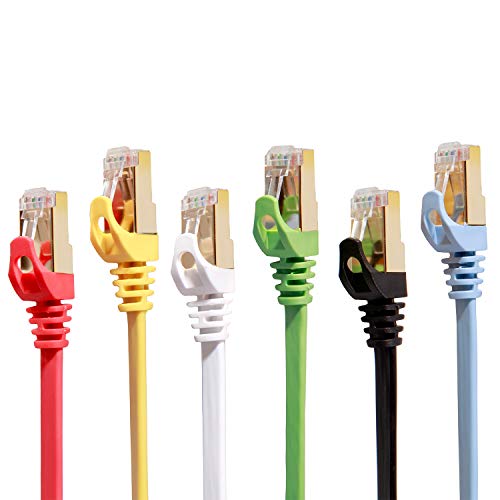 Cat 7 Ethernet Cable 7 ft 6 Pack (Highest Speed Cable) Cat7 Flat Shielded Ethernet Patch Cables - Internet Cable for Modem, Router, LAN, Computer - Compatible with Cat 5e, Cat 6 Network