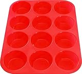 12 Cup Silicone Muffin Pan & Cupcake Baking Pan ,Nonstick,Dishwasher - Microwave Safe,Red Bakeware