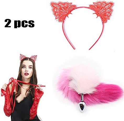 WIUP Stainless Massaging Wand Plug Anale - Beginner Starter Set - 100% Medical Grade Stainless Steel Fox Tail Headband Headwear 2 PCS for Prom Party Costume Cosplay Lover Gitf Kit RED&Pink