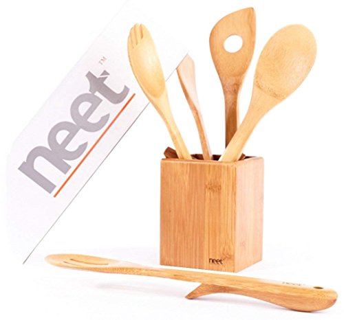 Organic Bamboo Cooking Utensils Set, Unique Elevation Feature, 6 Piece Set, Wooden Spoons Spatula, Kitchen Utensil Set, High Heat Resistant, Wood Serving Spoon, Eco-Friendly & Biodegradable Gift Idea