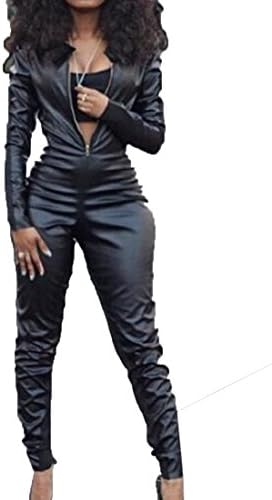 xiaokong Womens Solid Long Sleeve Plus-Size Leather Rompers Pants