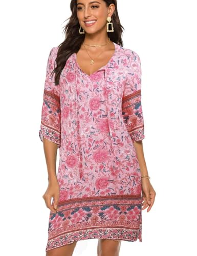 BDTECAOR Women's Vintage Ethnic Style Floral Pattern Bohemian Tunic Dress V-Neck 3/4 Sleeve Beach Dresses Summer Dresses