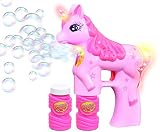 Haktoys Unicorn Bubble Shooter Gun | Battery Operated Bubble Blaster Toy with LED Flashing Lights for Toddlers and Kids | Parent-Friendly Noise-Free Design, Extra Refill Bottle (Batteries Included)