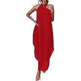 SKAYS Women's Summer Halter Sexy Asymmetrical Boho Dress Formal Flowy Party Maxi Sleeveless Dress Red Medium