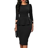 oten Women's Elegant 3/4 Sleeve Peplum Bodycon Sheath Office Work Business Pencil Midi Dresses