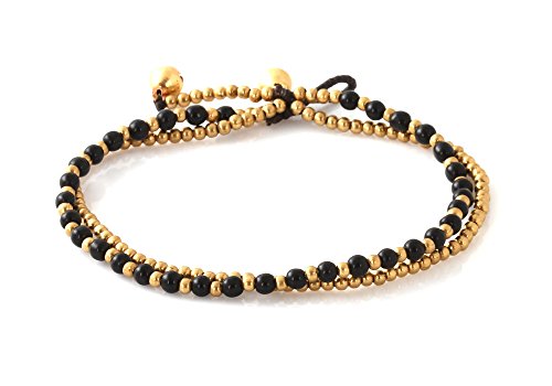 MGD, Black Onyx Color Bead and Brass Bell Anklet. 2-strand Anklets Beautiful Handmade Brass Anklet. Small Anklets. Ankle Bracelet. Fashion Jewelry for Women, Teens and Girls, JB-0269A