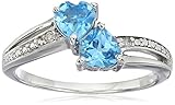 Sterling Silver Diamond Accent and Blue Topaz Two Heart Ring, Size 6