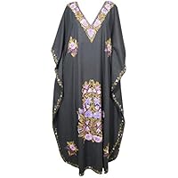 Mogul Interior Womens Caftan Maxi Dress Black Embroidered Boho Kaftan One Size