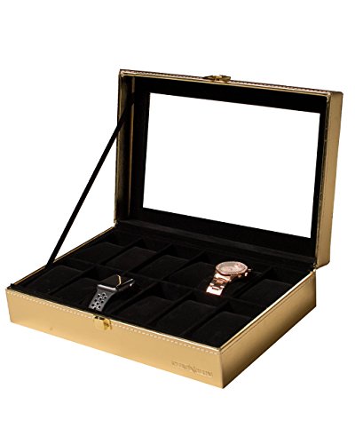 Gold Watch Box for Men and Women  12 Slot Luxury Watch, Bracelet, and Jewelry Organizer Storage Valet Case w/Real Glass Display, Gift Box Included