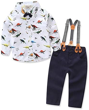 Samgami baby Baby Boys White Animal Print Attached Bow and Suspender Pant Set