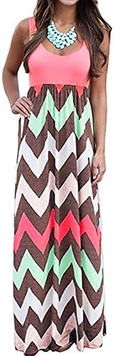 shushuKISS Women Zig Zag Striped Print Boho Empire Chevron Tank Beach Long Maxi Dress PinkGreen X-Large