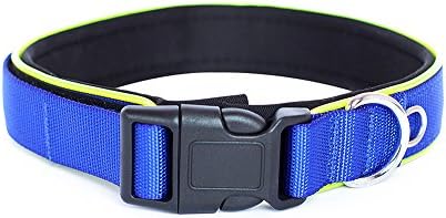Moonpet Nylon Dog Collar - Soft Padded Neoprene Inner with Adjustable Velcro - Name Plate ID tag D-Ring - Fimbriated by Reflective Margin PVC - for Small Medium Large Breeds - Blue,3/4"11-13"