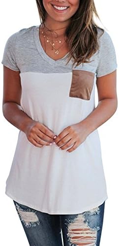 PARPERNA Casual Cotton T Shirt Color Block Tee Blouse with Pocket (Light Gray, Large)