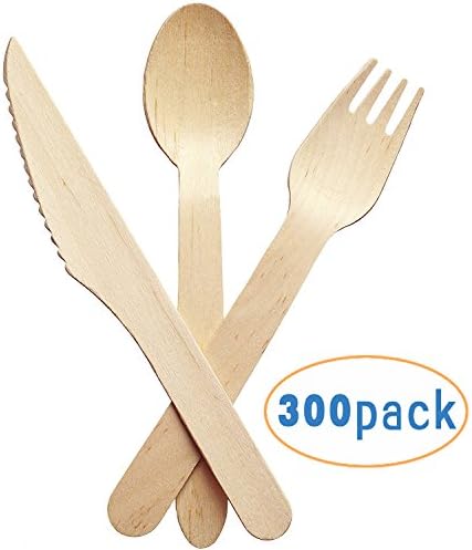 Disposable Wooden Cutlery 300 pc set,100 Forks, 100 Spoons 100 Knives,7" Length Compostable &amp; Biodegradable for Go Green, Wedding, Catering &amp; Party Supplies