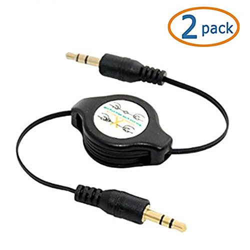 WOVTE Retractable 3.5 mm Auxiliary Cable Cord for iPod iPhone Zune Car Stereo MP3 Black Pack of 2
