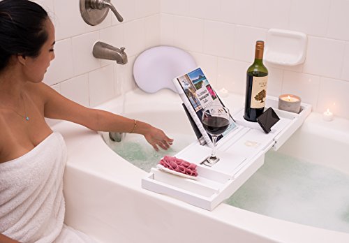 Adorn Home Essentials ADORN Bamboo Bathtub Caddy Bath Tub Tray | Waterproof/Washable Bath Pillow with Suction Cup | White | Expands up to 43"